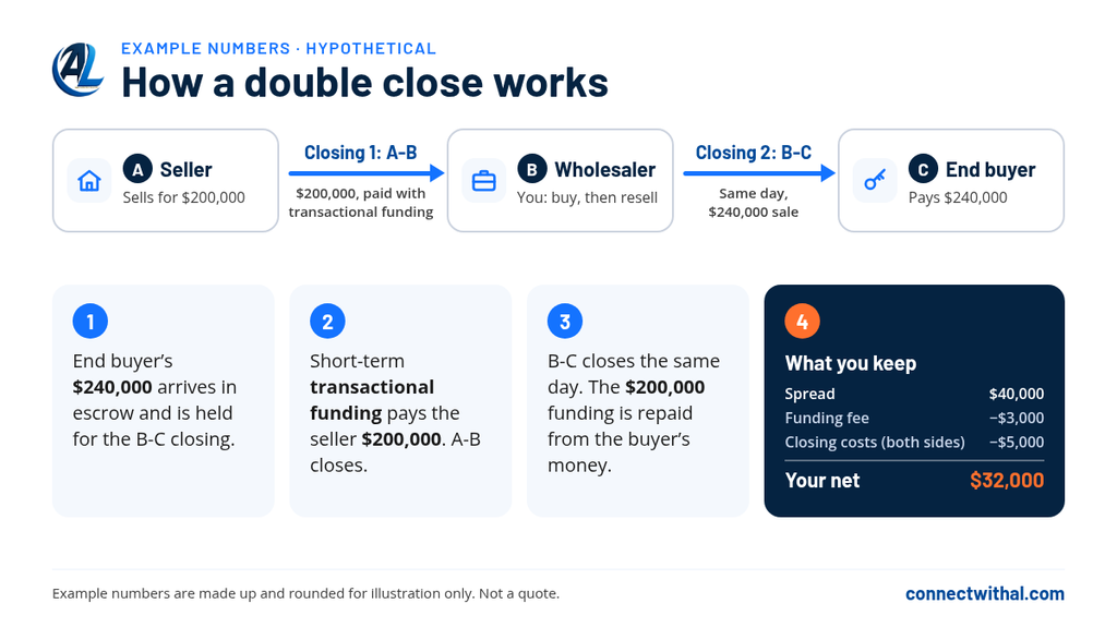 Diagram of a double close using example numbers: the wholesaler buys from the seller for $200,000 with transactional funding, sells to the end buyer the same day for $240,000, repays the funding from the buyer's money, and nets $32,000 after a $3,000 funding fee and $5,000 in closing costs.