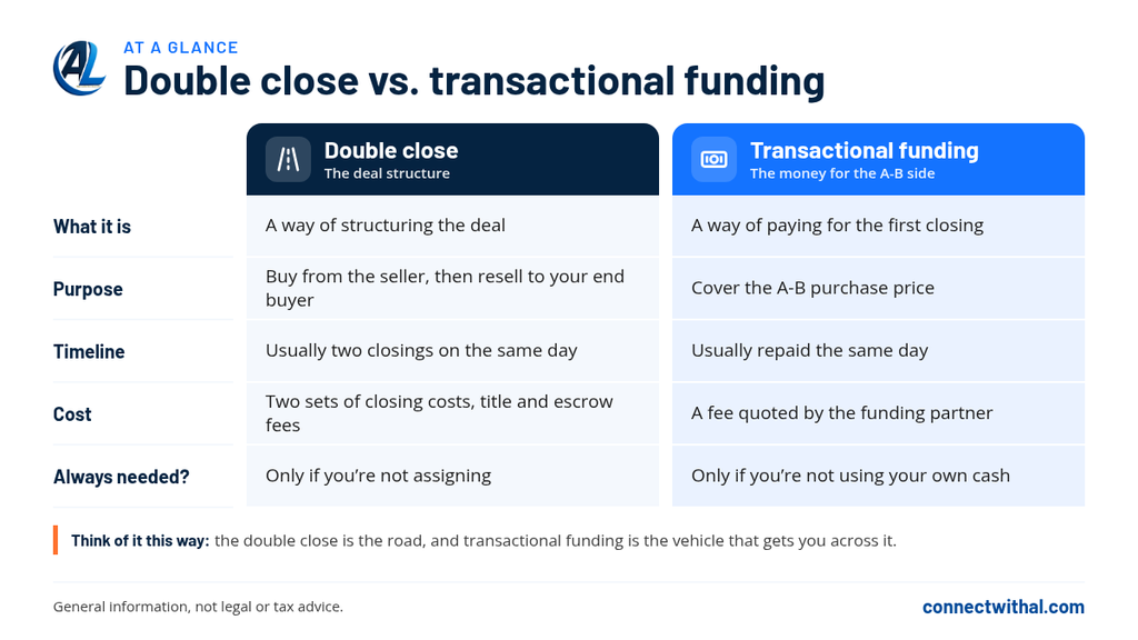 Side-by-side comparison: a double close is the deal structure, transactional funding is the money for the A-B purchase.